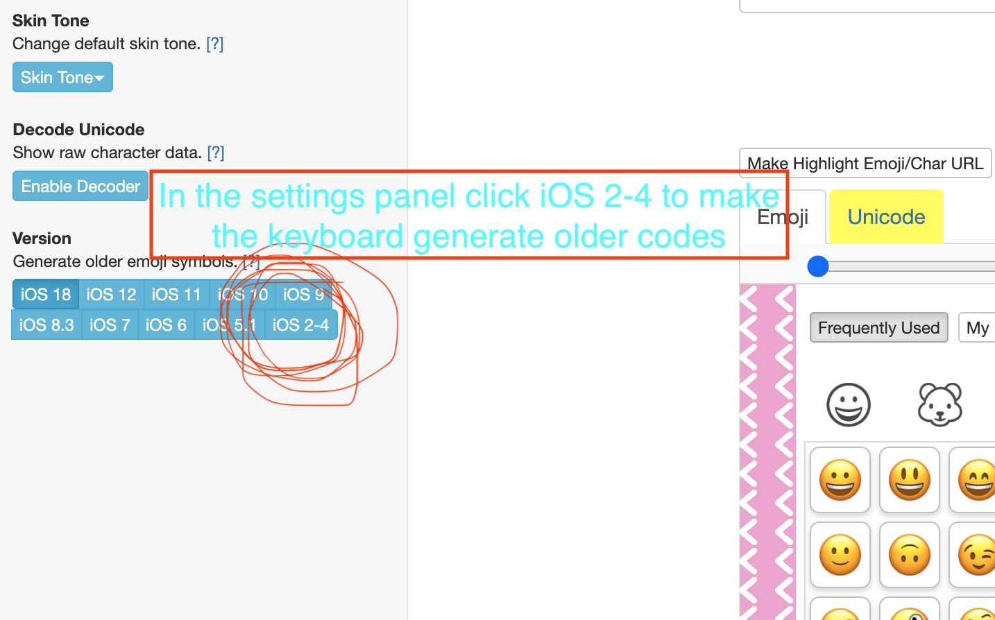 Select iOS 2-4 in the iEmoji settings panel